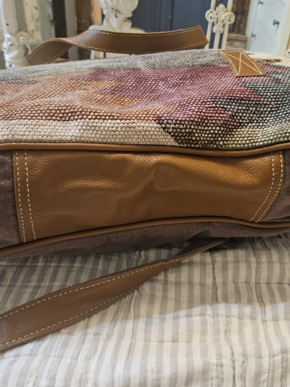 Myra Bag Tan and Multicolor Woven Tote with Leather Straps